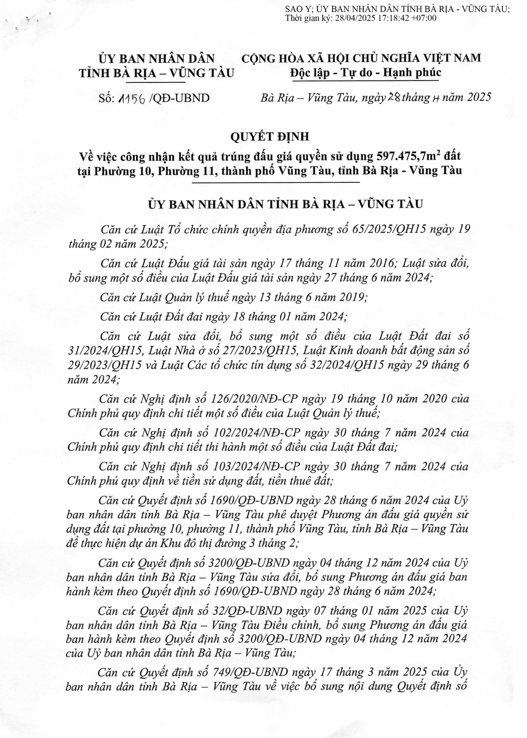 Quyết định công nhận kết quả trúng đấu giá quyền sử dụng đất dự án Blanca City Vũng Tàu
